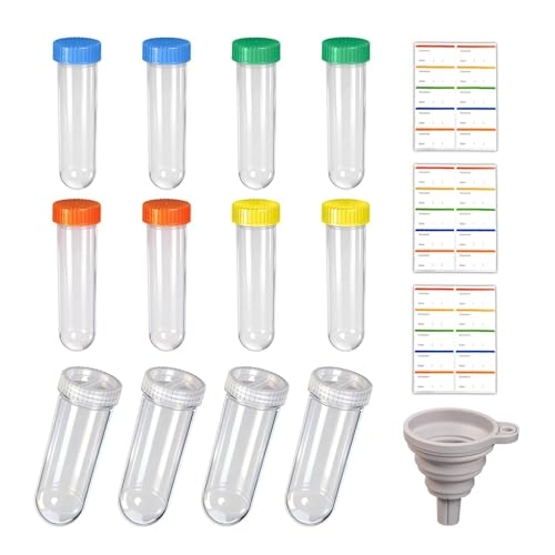 Protein Powder Travel Container Set 12 Pack ? 8x50ml & 4x100ml Leak Proof Reusable Supplement Powder Container to Go with Funnel & Labels, Portable Gym Protein Storage for Fitness, Work, Travel