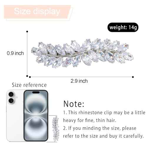 WHAVEL 2PCS Crystal Hair Barrettes for Women, Rhinestone Hair Clips Leaf French Barrette Wedding Hair Clips Bridal Hair Accessories for Women Bride Bridesmaid (Silver)