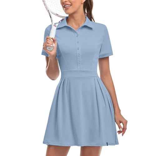 Soneven Women Polo Golf Tennis Dress Built in Shorts Short Sleeve Workout Athletic Pleated Dresses with Pockets