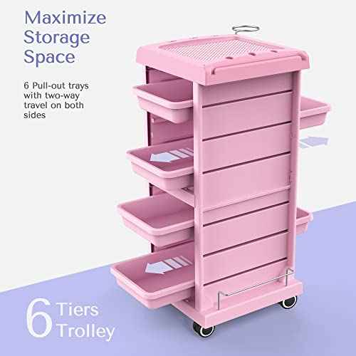 TASALON Salon Trolley - Space Saving Rolling Cart for Extra Storage - 6-Tray Multipurpose Salon Cart - Tattoo Tray - Pink