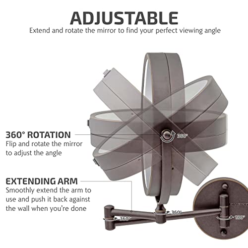 OVENTE 9" Lighted Wall Mount Makeup Mirror with 1X/7X Magnification, Cordless Double Sided Magnifying Round Vanity Mirror, 360¡Æ Swivel Design, Extendable and Folding Arm, Antique Bronze MFW85ABZ1X7X