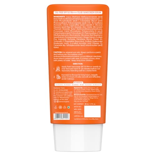 Aravi Organic Oil-Free Fluid Sunscreen SPF 50 PA++++ | (In-Vivo) Dermatologically Tested | Ultra-Light,No White Cast | Broad Spectrum Protection | Hyaluronic Acid & Vitamin C - 1.6 FL Oz / 50ml