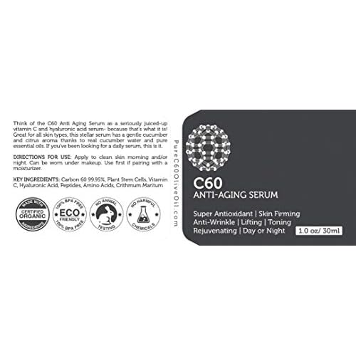C60 Anti-Aging Face Serum 30ml with Hyaluronic Acid, Plant Stem Cells, Peptides, Vitamins B + C & Anti Aging Wrinkle Complexes for Men & Women Made with Organic Ingredients