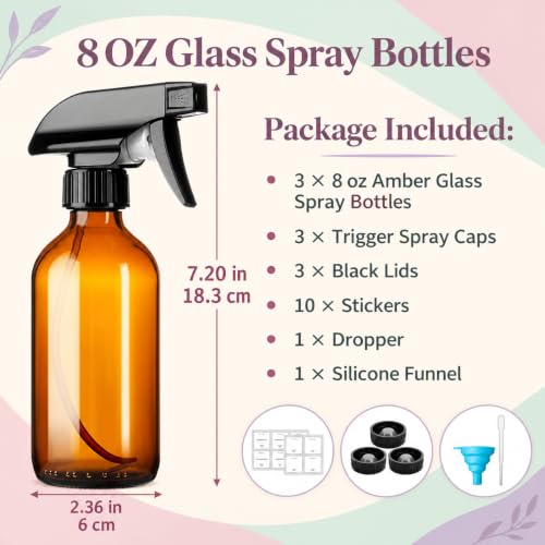 GIVAMEIHF Amber Glass 8oz Spray Bottles 3 Pack with Accessories - Amber-3 Pack