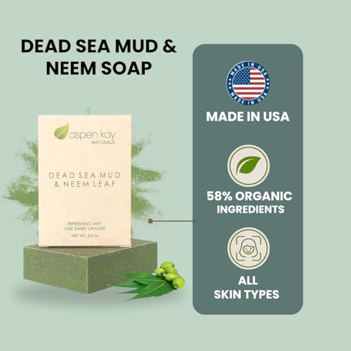 Aspen Kay Naturals Dead Sea Mud and Neem Soap - With Organic Shea Butter & Olive Oil. A Wonderful Neem Face Wash for all Skin Types. Handmade Soap - Made in USA. (2 pack)