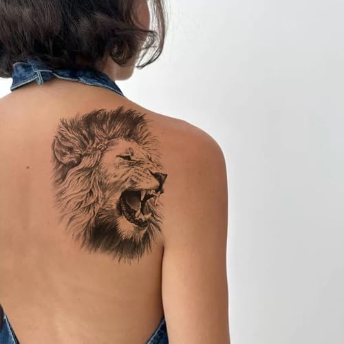 2 Sheets Realistic Animal Large Temporary Tattoos Stickers Sketch Lifelike Lion Roar Designs For Men Waterproof Arm Leg Fake Body Art, Gym & Parties Bold Masculine Decals