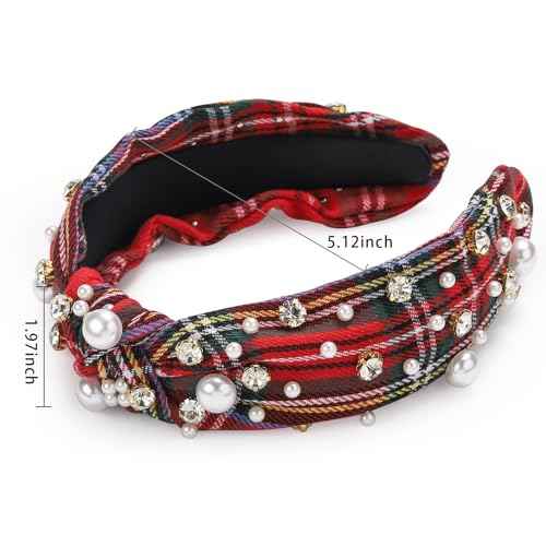 WantGor Pearl Knotted Headband, Women Rhinestone Embellished Hairband Elegant Wide Top Knot Bride Headbands Headpieces Party Fashion Elegant Ladies Hair Band Hair Hoop Accessories (Red Plaid)