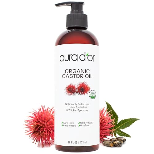 PURA D'OR Organic Castor Oil 16oz Cold-Pressed for Hair Skin Nails - USDA Certified