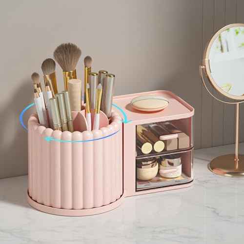 Makeup Organizer Countertop,360 Rotating Makeup Brush Holder With 2 Drawers,Small Preppy Organizer |9.25x5.11inch|Pink