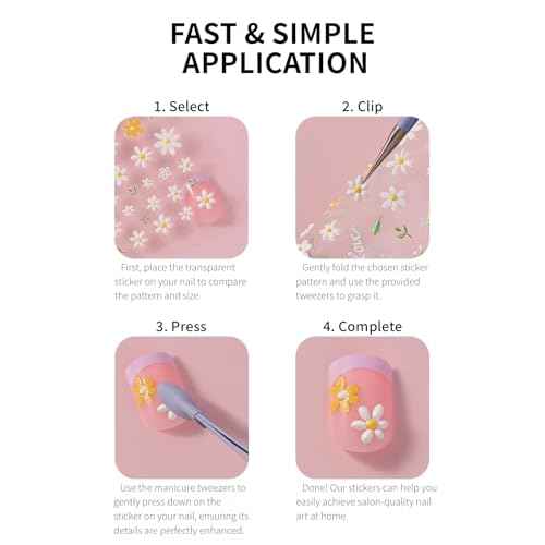 Nail Stickers, 4 Sheets Floral 5D Embossed, Self-Adhesive for DIY Manicure