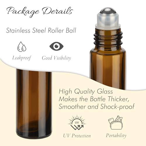 10ML Essential Oil Roller Bottles 4-Pack, Amber Glass with Stainless Steel Balls