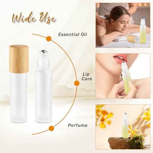 20 Pcs 10ml White Frosted Glass Essential Oil Roller Bottles with Bamboo Lid Refillable Deodorant Containers with Stainless Steel Roller Balls Roll-on Bottles for Perfume Lip Gloss