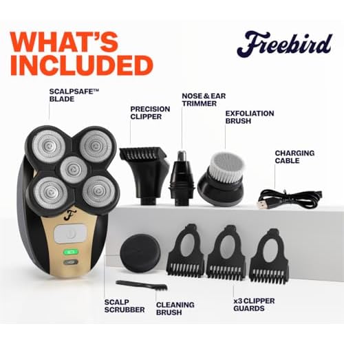Freebird FlexSeries¢â Shaving Kit with Pre Shave Oil - Fast, Smooth, Water-Resistant Electric Head Shaver with 5 Flexible Blades and Sandalwood Oil, USB Rechargeable, Ideal for Bald Men and Women