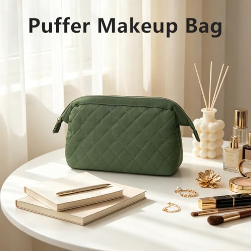 Wudygirl Puffy Padded Makeup Bag Olive Green | Travel Cosmetic Pouch