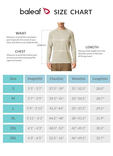 BALEAF Men's Sun Protection Shirts UV SPF T-Shirts UPF 50+ Long Sleeve Rash Guard Fishing Running Quick Dry Oatmeal Size S