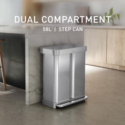 simplehuman Brushed Stainless Steel Step Recycler 58L Dual Compartment Trash Can with Steel Lid