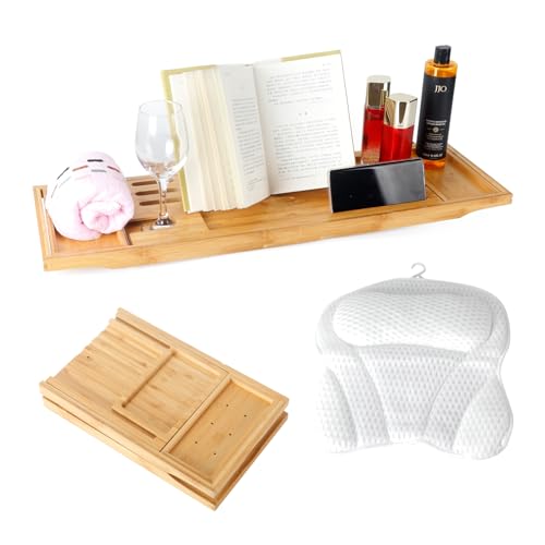 Bathtub Tray Table and Bath Pillow, Expandable and Foldable Bath Caddy Tray for Tub, Luxury Bathtub Accessories
