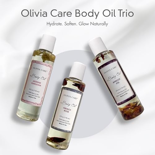 Olivia Care 3 Pack Body Oils: Apricot Fig, French Rose, Jasmine Gardenia - Natural Perfume Oils For Women & After Bath Oils Body Moisturizers, Rich in Vitamin E, K, & Omega (3 Scents)