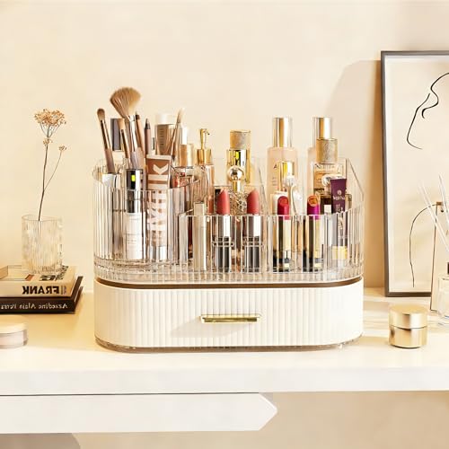 Makeup Organizer with 360¡Æ Rotating Brush Holder and Stackable Drawers, Cosmetic Display Case for Vanity, Bathroom Countertop (White, 2 Layer)
