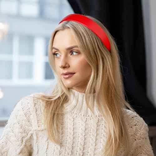Huachi Red Headbands for Women 1 Inch Halloween Headbands Wide Thick Red Hairband Faux Leather Headband for Women and Girls Fashion Plastic Hard Head Band Solid Colors