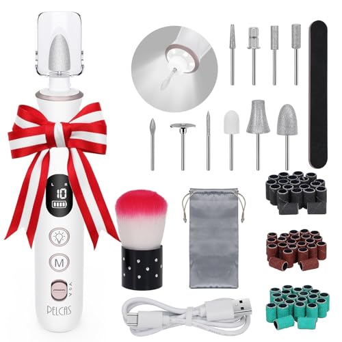 PELCAS White Cordless Electric Nail File with 10 Speeds & LED Light, Travel Ready