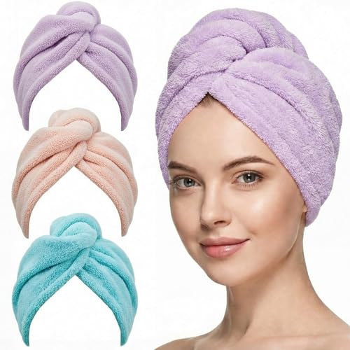 3 Pack Microfiber Hair Towel Wrap with Button, 26x10 Inch