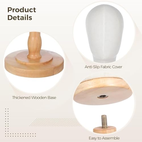 Canvas Wig Head Stand with Wooden Base - Professional Mannequin