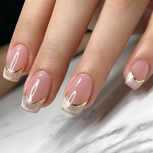 Nude Pink & Gold Line French Tip Press-On Nails Medium Square - 24 Count