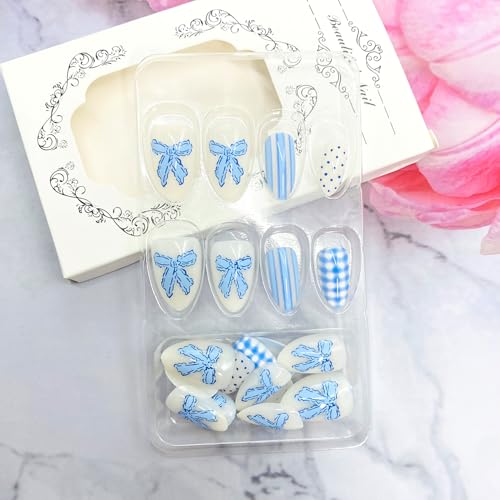 Blue Polka Dots Press On Nails Short Almond 24pc Kit