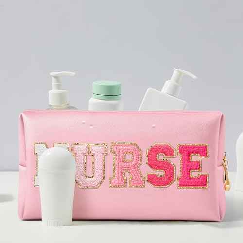 CY2SIDE NURSE Letter Makeup Bag - Gradient Pink Chenille Letter Patch Cosmetic Bag Pink PU Leather Patch Travel Pouch Waterproof Portable Zipper Travel Organizer Case Xmas Gifts for Nurse Women