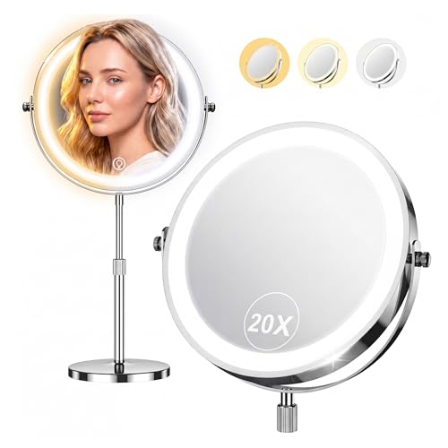 Dienmern Lighted Makeup Mirror 1X/20X Magnifying with 3 Color LED