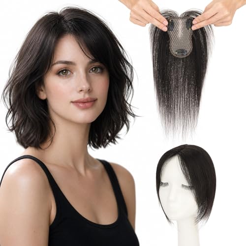 Real Human Hair Topper with Side Bangs - 10" Clip In
