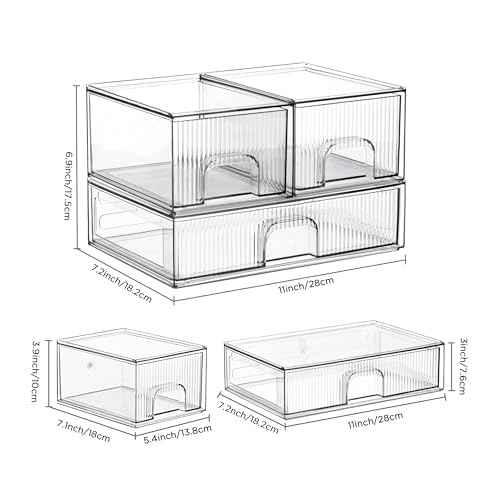 HBlife Stackable Clear Acrylic Storage Drawer Organizer - Set of 3 Makeup and Bathroom Storage Bins - Versatile for Vanity, Undersink, Kitchen, and Office Organization