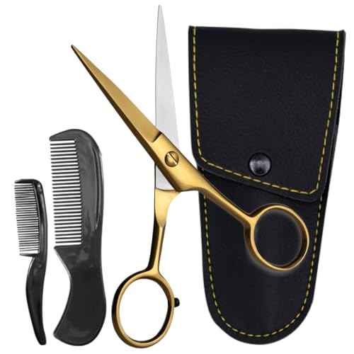 Ontaki Brass Grooming Kit - 5 in, Golden Brass - Beard Trimming Scissors, Mustache Comb & Beard Comb, Carrying Pouch