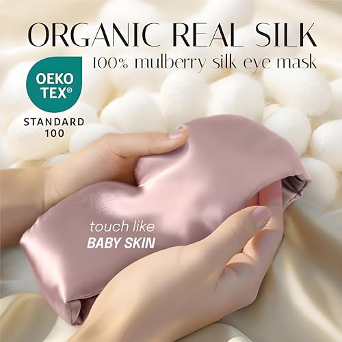 100% Natural Silk Eye Mask for Women Men, Soft Pressureless Cooling Blackout Eye Covers for Sleeping, Large Size Sleep Mask fits All Heads Adjustable, Lotus Pink