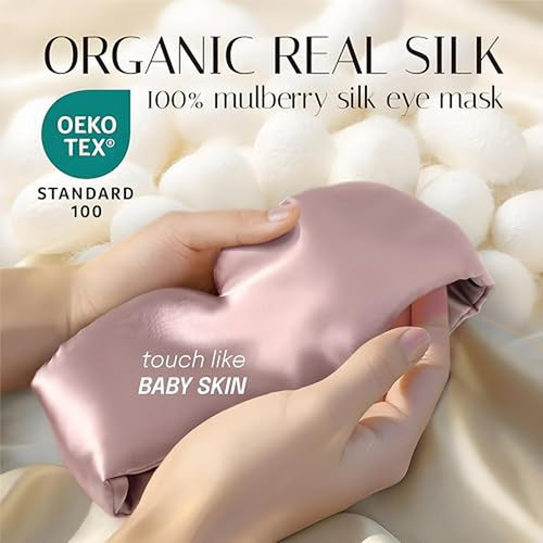 100% Natural Silk Eye Mask for Women Men, Soft Pressureless Cooling Blackout Eye Covers for Sleeping, Large Size Sleep Mask fits All Heads Adjustable, Lotus Pink