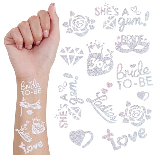 Bride Squad 50+ PCS Bachelorette Temporary Tattoos -Bridesmaid Favor, Bride to Be Gift, Bridal Shower Supplies,Flash Glitter Iridescent Metallic Tattoos Bachelor Party Favors