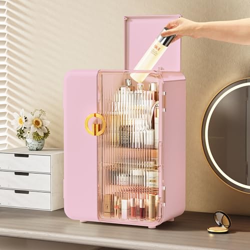 UAK Makeup Organizer with Drawers for Vanity, Cosmetic Display Case with Brush Holders, Storage for Skincare Countertop Bathroom (Pink)