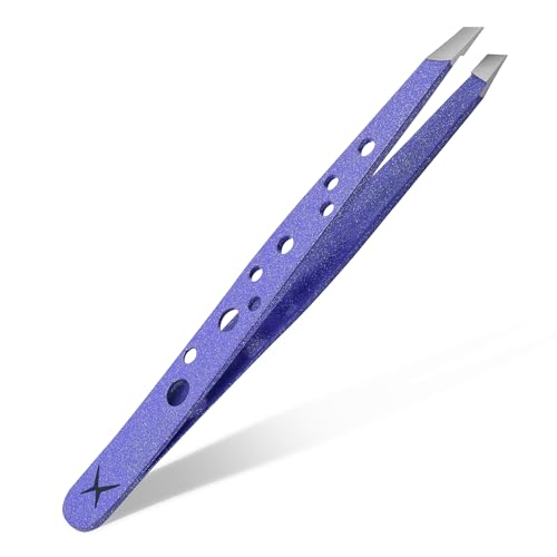 Professional Slant Tip Tweezers ? Handmade Precision from Japanese Stainless Steel ? 9-Hole Anti-Slip Grip for Perfect Eyebrow Shaping, Facial & Ingrown Hair Removal (Amethyst Spark)