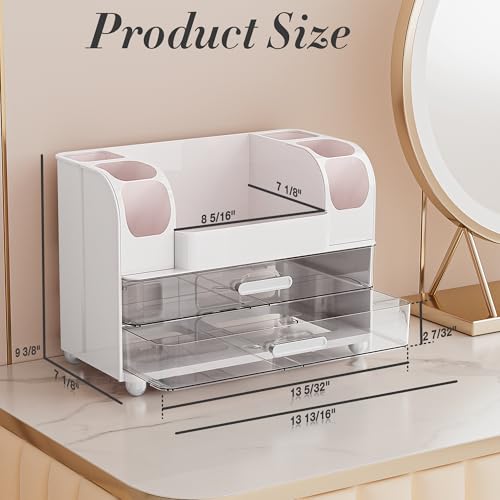 Delamu Large Makeup Organizer with 6 Brush Holders & 2 Drawers