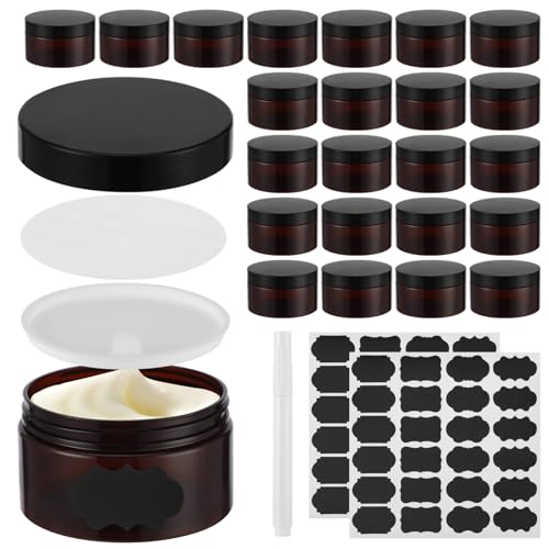 30 PCS 8 oz Plastic Lotion Containers with Lids, Refillable Amber Cosmetic Jar with Leakproof Gasket & Inner Pull Tab, Empty Round Sample Container for Cream Lotion Body Butter Makeup Travel Storage