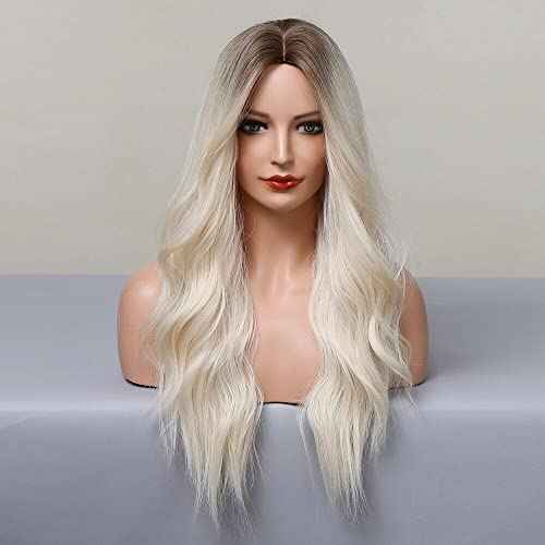 Long Blonde Wigs for Women 26 Inches Ombre Blonde Wig with Dark Roots Synthetic Wig Loose Wavy Wigs Cosplay Daily