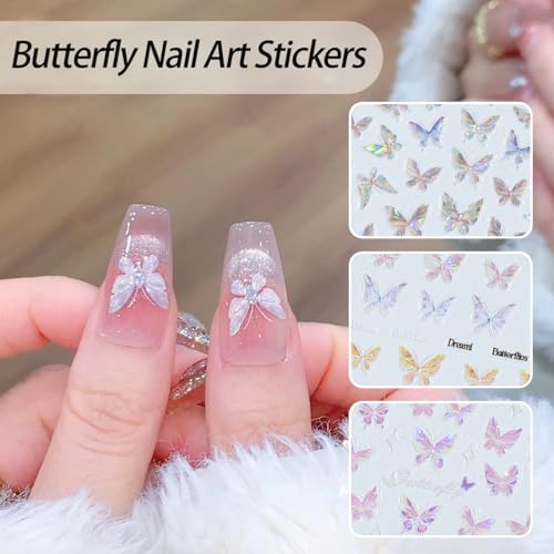 Butterfly Nail Art Stickers 3D Self-Adhesive Aurora Butterfly Nail Decals Blue Purple Pink Shining Glitter Butterfly Nail Art Design Supplies Manicure Sticker for Women Nails DIY Decorations 5 Sheets