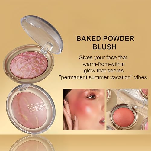 MAEPEOR Powder Baked Blush 6 Colors Natural Glow Marbleized Baked Powder Blush Lightweight Buildable Shimmer Blusher (01 AMORE)