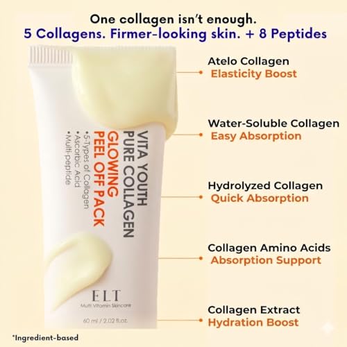 ELT Collagen Peel Off Facial Mask Pack - Hydrating & Firming Wrapping face Mask with 5 Types of Collagen, 8 Peptides, Silicone Brush Korean Skincare (60 ml / 2.02 fl.oz)