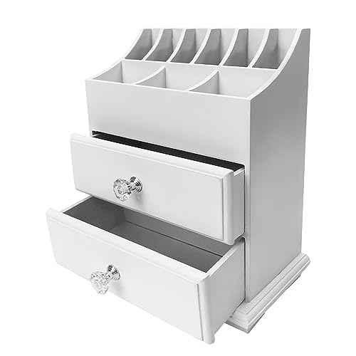 White Wood Cosmetics Organizer Makeup & Beauty Accessories Storage Rack with Drawers for Neat & Organize Storing of Makeup Tools Small Accessories at Home & Office Vanities & Bathroom Counter-top
