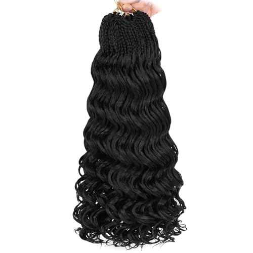 Leeven 18 Inch Pre Looped Ocean Wave Crochet Hair 8 Packs Black Long Curly Crochet Hair Boho Ocean Braids Pre Twisted Synthetic Deep Wavy Crochet Braids for Women