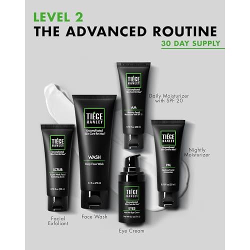 Tiege Hanley Skin Care Set for Men, Advanced Routine, System Level 2, Daily Face Wash, Facial Scrub, Two Moisturizers, and Eye Cream for Healthy, Hydrated Skin, Men¡¯s Skin Care, 5 Piece Kit