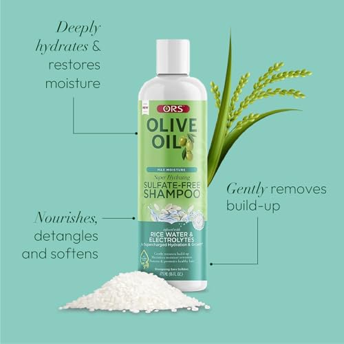 ORS Olive Oil Max Moisture Super Hydrating Sulfate-Free Shampoo, Infused with Rice water and Electrolytes for Supercharged Hydration & Growth 16.0 Ounce (Pack of 2)