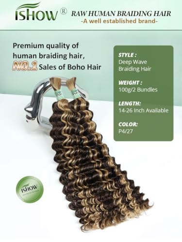 ISHOW 14 Inch Deep Wave Boho Hair - 100% Virgin Human Hair, Ombre Honey Blonde, 2 Packs